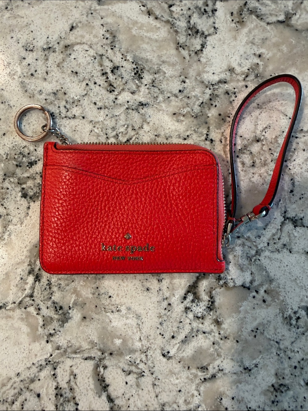 kate spade red pebbled leather wristlet card case with keyring